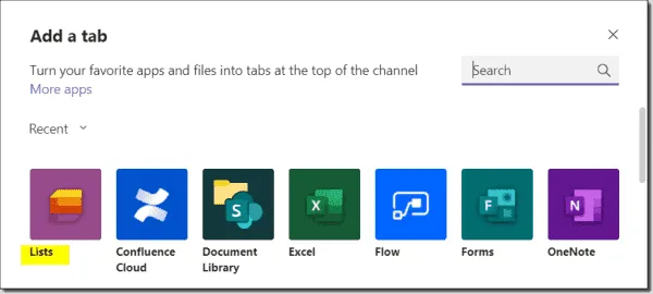 Een tabblad Lijsten toevoegen in Teams