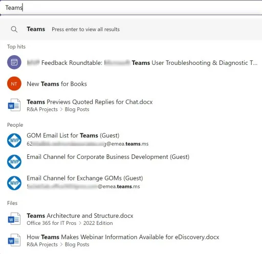 Teams presents some search results for "Teams"