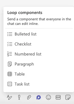 Een selectie van loopcomponenten in Microsoft Teams (lijst met opsommingstekens, checklist, enz.)