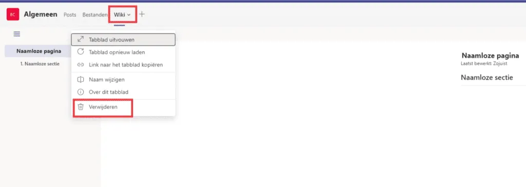 Verwijder Wiki tab in Teams