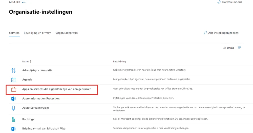 Apps en services die eigendom zijn van een gebruiker, Microsoft 365 Admin Center