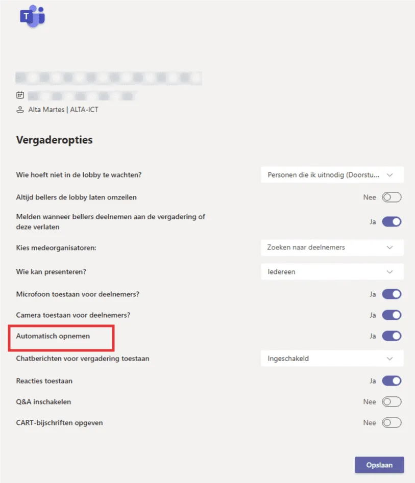 Opties voor vergadering - Automatisch opnemen