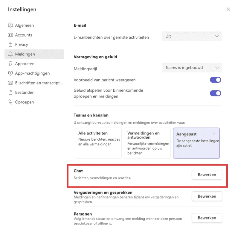 Microsoft Teams Chat meldingen