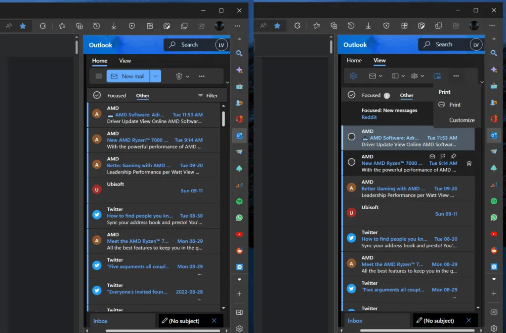 outlook in sidebar van edge