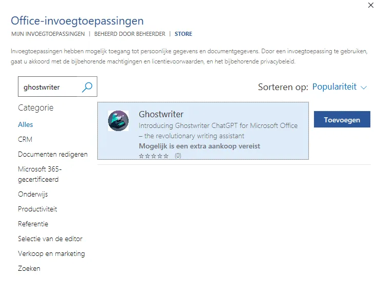 Ghostwriter ChatGPT in Office invoegtoespassingen