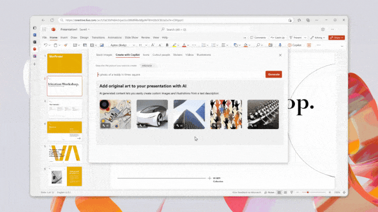 Copilot can use DALL-E to create images in PowerPoint for presentations based on short text descriptions. Image: Microsoft.