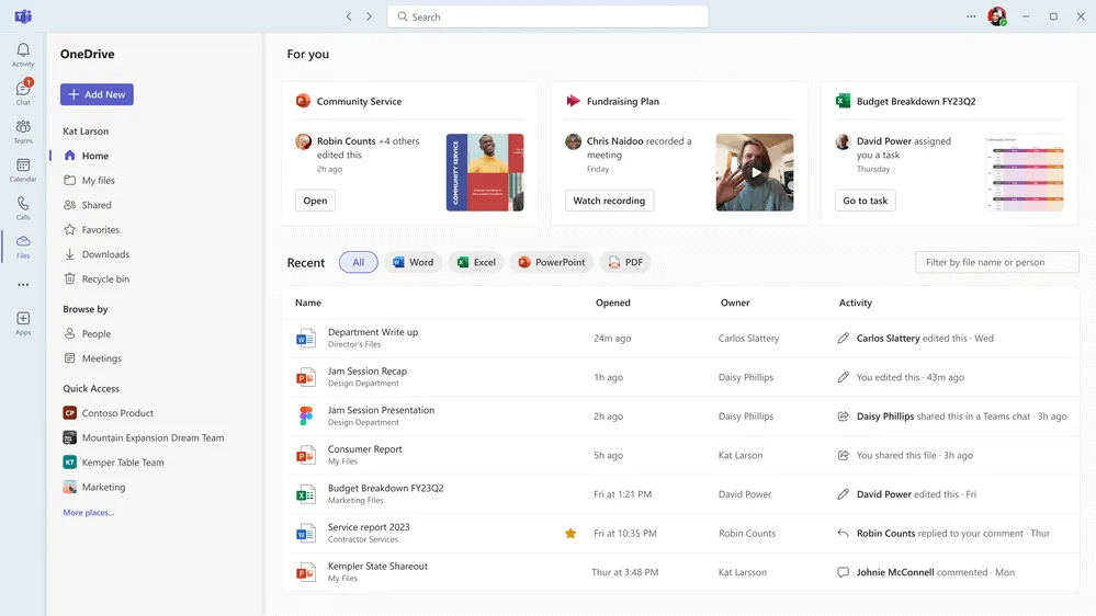 De OneDrive-ervaring in Teams heeft dezelfde look en feel als OneDrive voor het web.