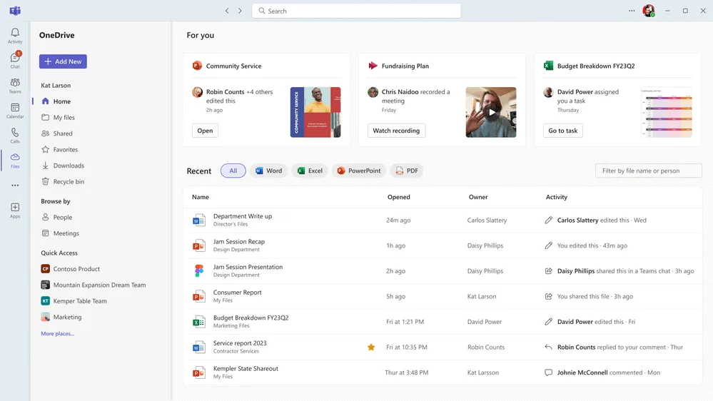 The OneDrive experience in Teams has the same look and feel as OneDrive for the Web.