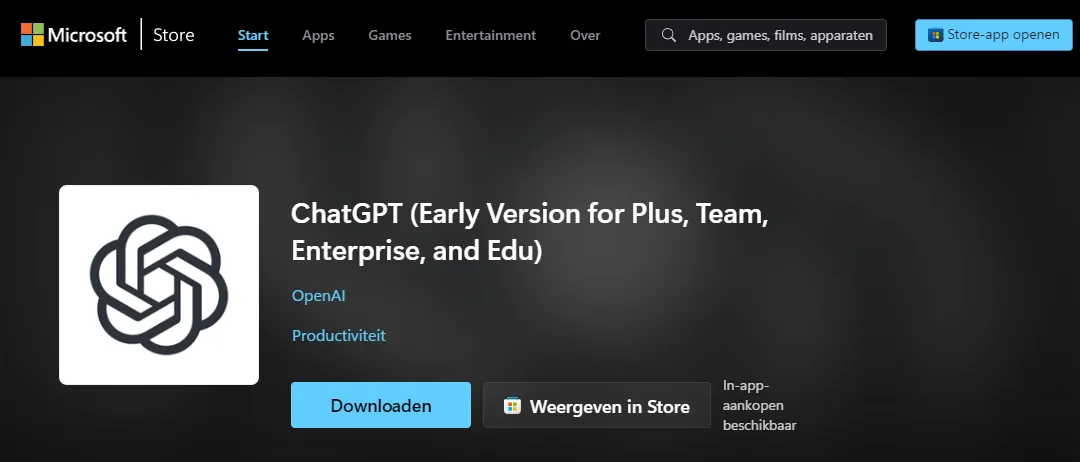 Nieuwe Windows-App van ChatGPT App Store