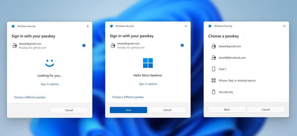 Screens of the new passkey login flow