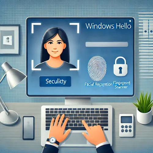 Gebruiker stelt Windows Hello in op een laptop met gezichtsherkenning en vingerafdrukscanner in een moderne werkruimte, benadrukt eenvoud en veiligheid.