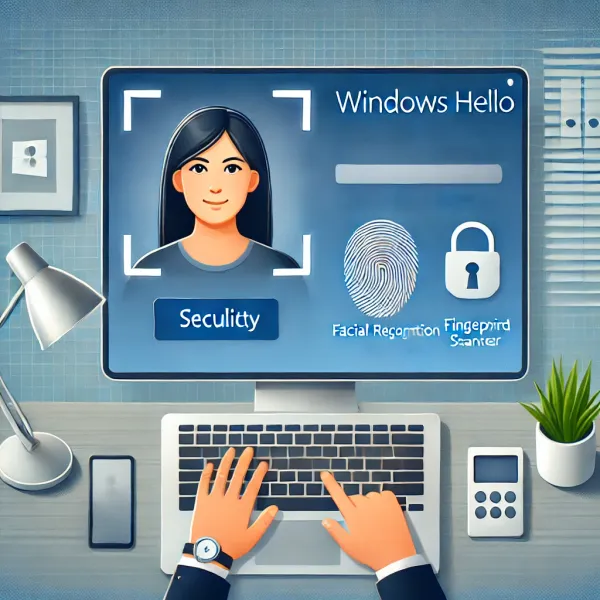 Gebruiker stelt Windows Hello in op een laptop met gezichtsherkenning en vingerafdrukscanner in een moderne werkruimte, benadrukt eenvoud en veiligheid.