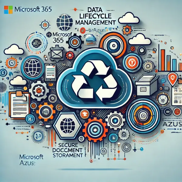 Illustratie van data lifecycle management in Microsoft 365 en Azure met cloud- en beveiligingssymbolen, geautomatiseerde workflows en compliance-ondersteuning