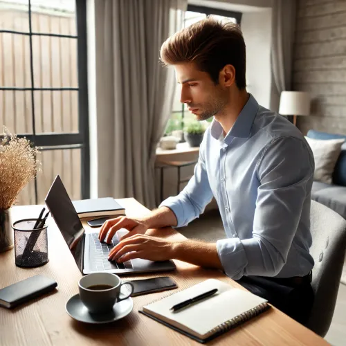 Moderne thuiswerker aan een bureau met laptop, focusmodus aan, digitale tools en een ontspannen werksfeer.