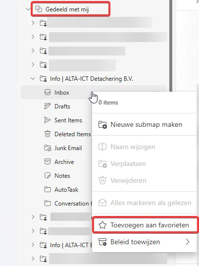 Gedeelde postvakken in favorieten nieuwe outlook