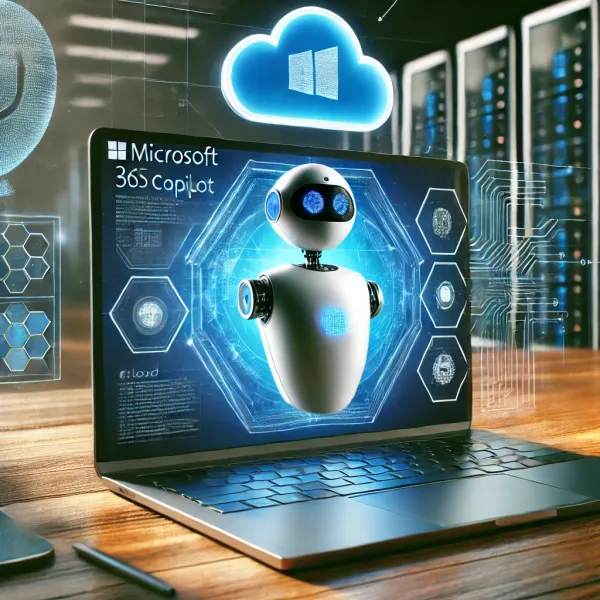 Digitale werkplek met Microsoft 365 Copilot op laptop, met AI-interface en cloudbeveiliging op de achtergrond.