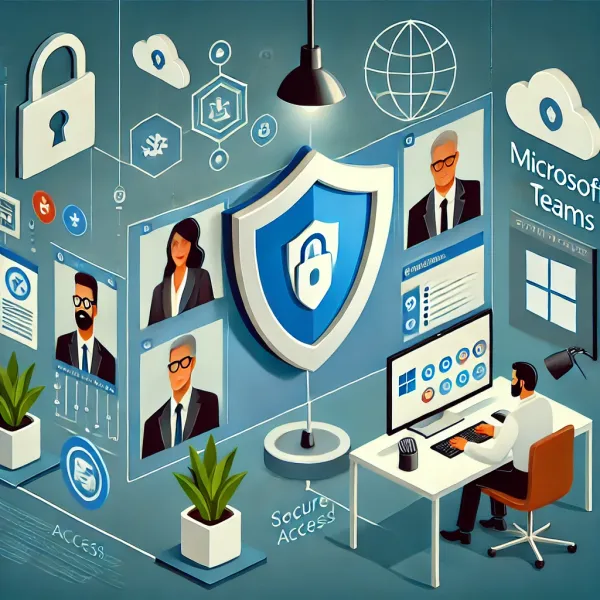 Illustratie van veilige samenwerking in Microsoft Teams, met focus op cybersecurity en toegangslimieten.