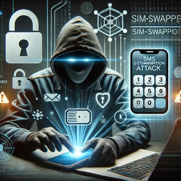 Illustratie van een hacker die een SIM-swapping aanval uitvoert en SMS-verificatiecodes onderschept, met een waarschuwingsicoon en digitale beveiligingselementen.