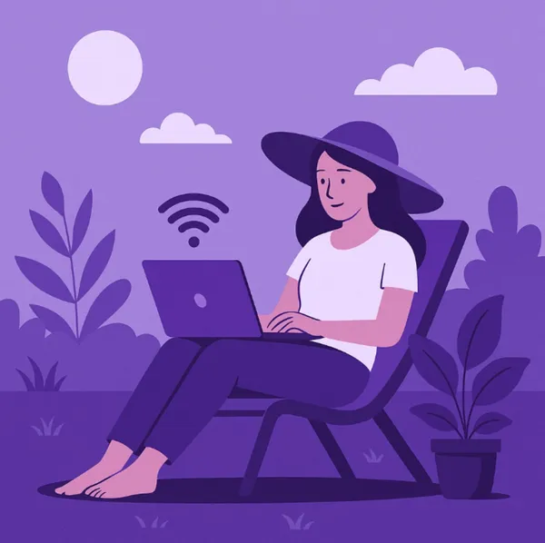 Vrouw werkt met laptop in de tuin tijdens de zomer