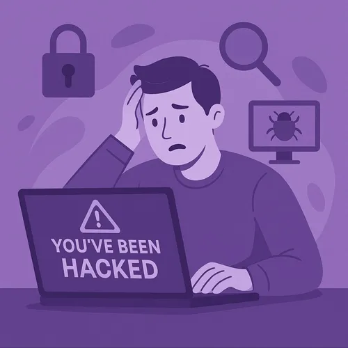 Man in paniek achter laptop met melding 'You've been hacked'