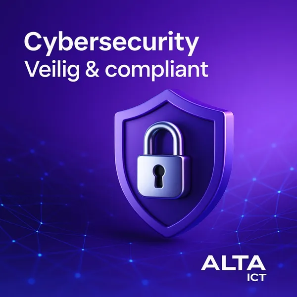 Cybersecurity paars schild met slot en ALTA-ICT logo