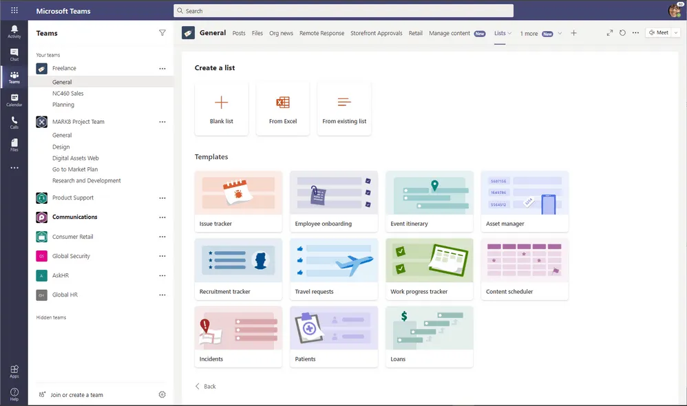 Create a new list from Microsoft Teams.