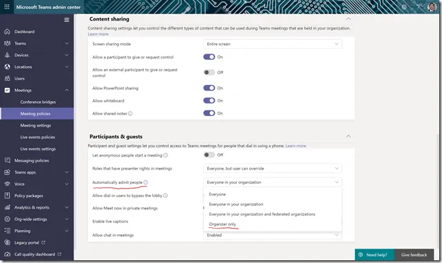 Microsoft Teams Meetings lobby options