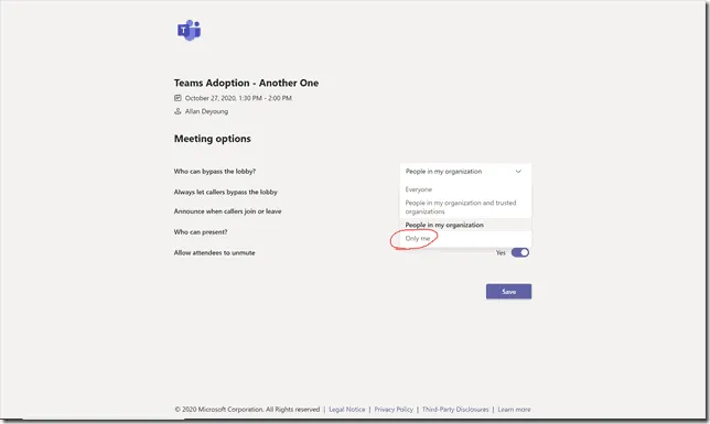 Microsoft Teams Meetings options