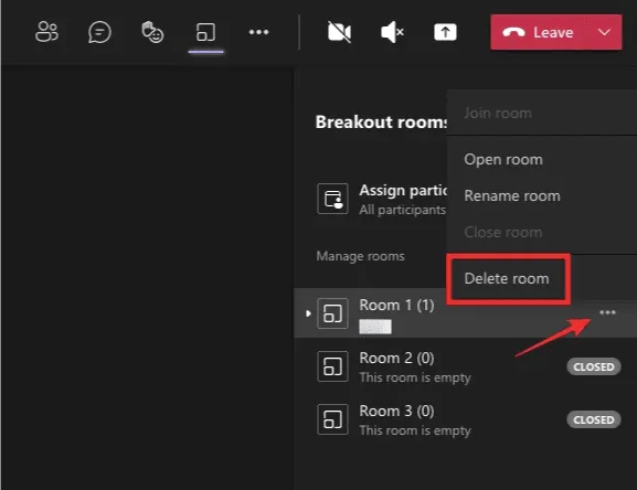 Remove breakout rooms on Microsoft Teams