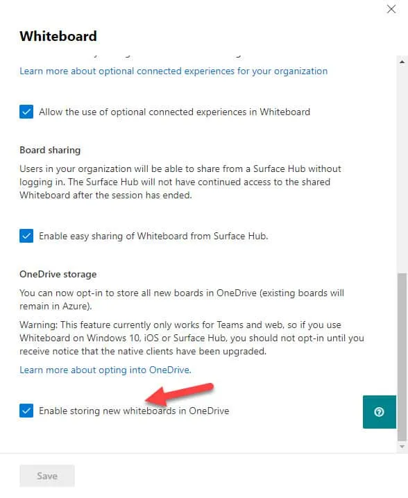 Afbeelding 1: De Whiteboard-instellingen configureren in het Microsoft 365-beheercentrum om OneDrive-opslag te gebruiken