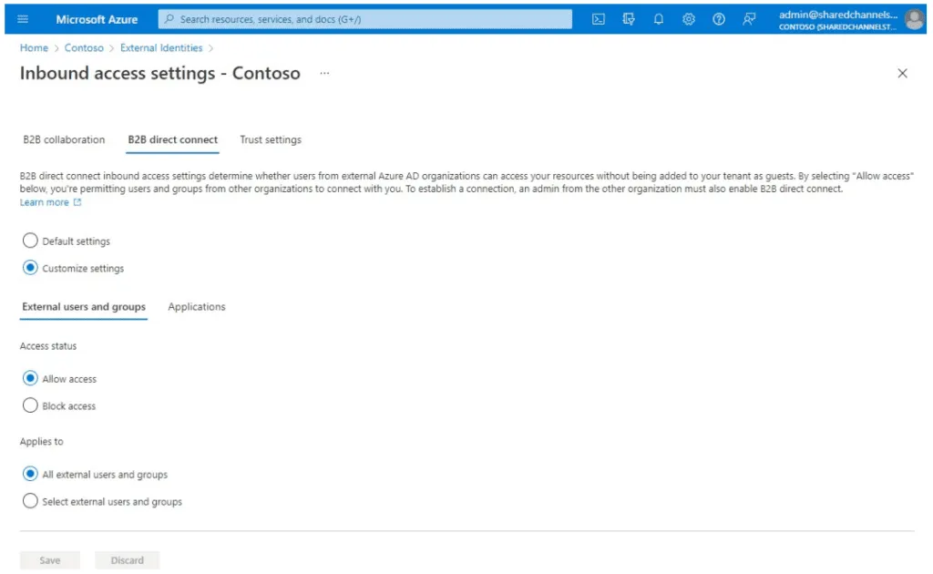 Modify inbound access settings Azure