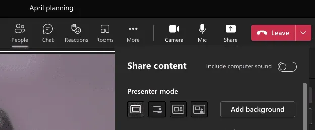 De verschillende opties voor de presentatiemodus in Microsoft Teams