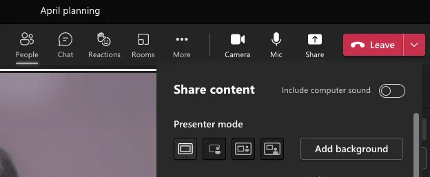 The different options for presentation mode in Microsoft Teams