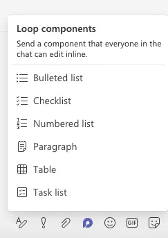 A selection of running components in Microsoft Teams (bulleted list, checklist, etc.)