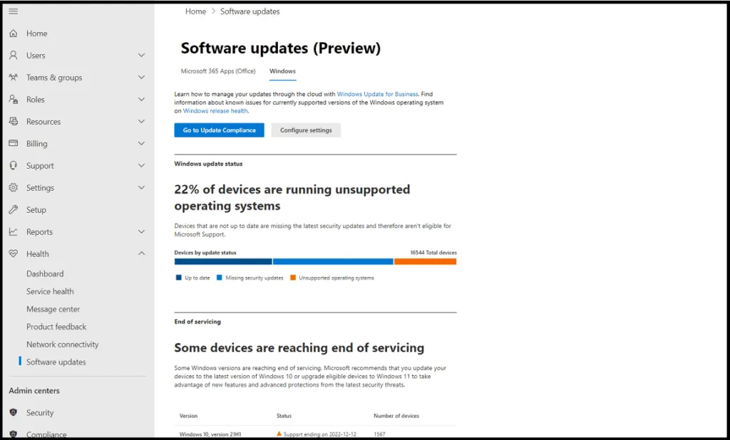 Microsoft 365 Admin Center Software updates