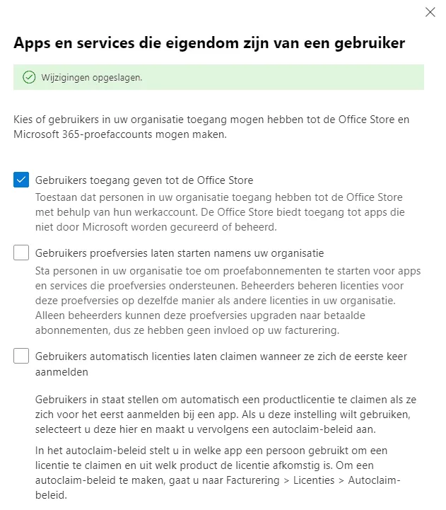Settings for user-owned apps and services in the Microsoft 365 management center