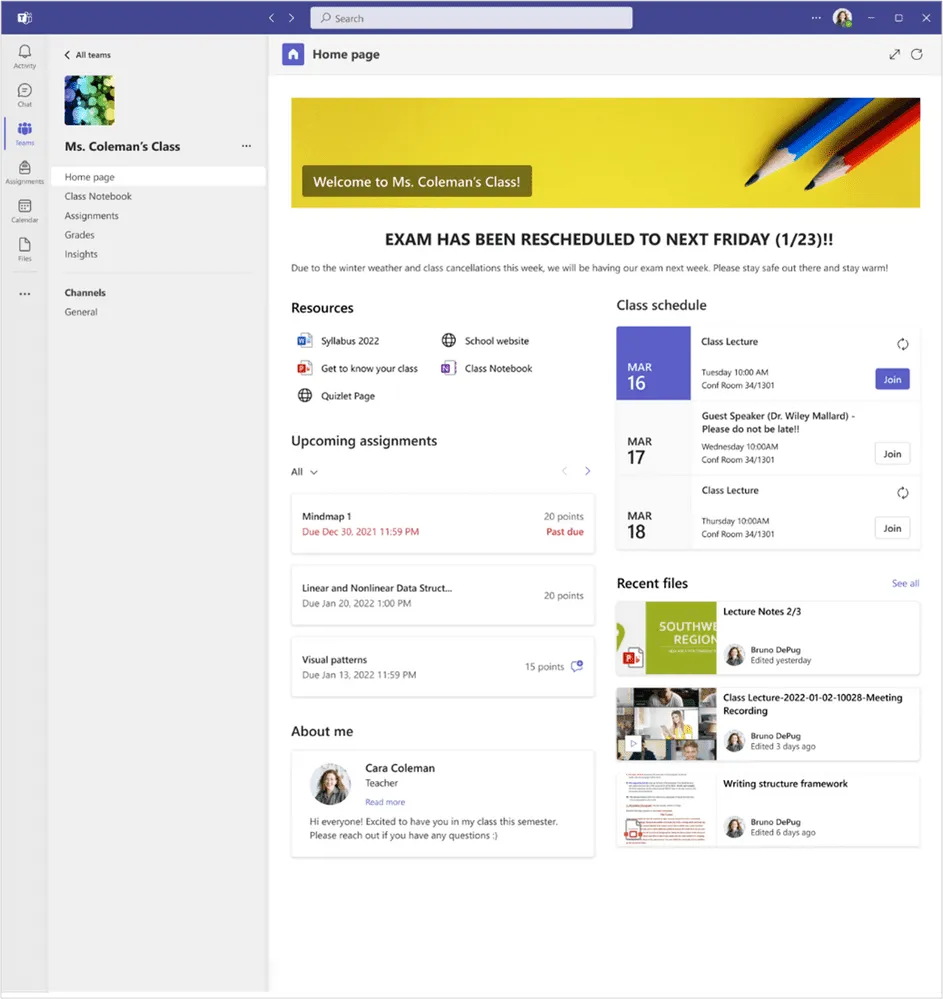 Homepage Microsoft Teams for Education