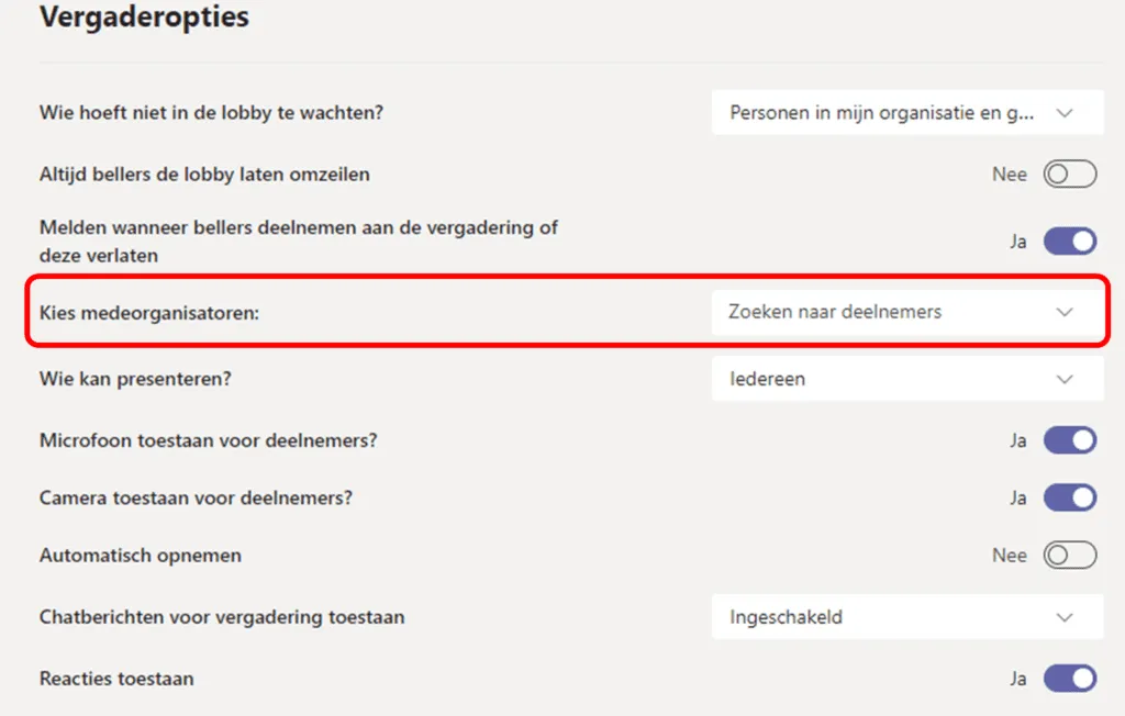 Choose co-organizers in Teams meeting options