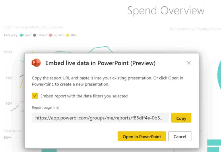 Figure B: Copy the URL from Power BI for the desired report or start a new slide show with it.