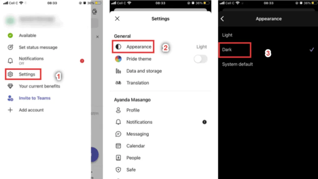 Teams Set up dark mode on mobile