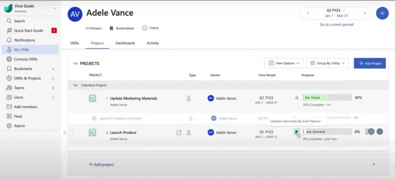 Make Microsoft Project and Planner tasks part of your OKRs and you can see how they progress in Viva Goals.