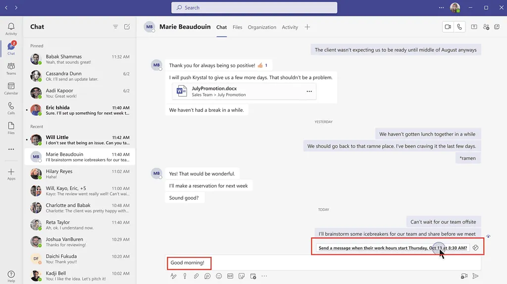 Scheduling send suggestions in Microsoft Teams Chat