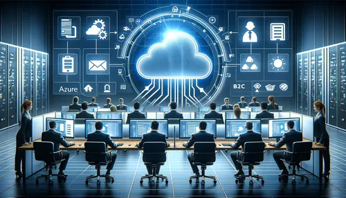 Azure B2C Tenant. De afbeelding toont een gestroomlijnd, modern kantoor met me