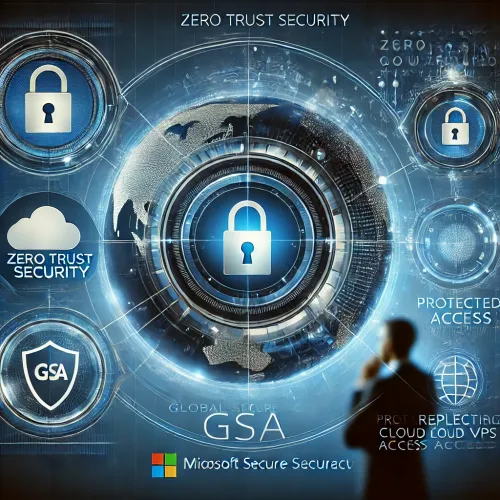 Illustratie van Microsoft Global Secure Access (GSA) met Zero Trust-beveiliging, cloudconnectiviteit en vervanging van VPN’s. Futuristische cybersecurity-interface.