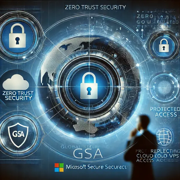 Microsoft Global Secure Access: The future without a VPN Illustratie van Microsoft Global Secure Access (GSA) met Zero Trust-beveiliging, cloudconnectiviteit en vervanging van VPN’s. Futuristische cybersecurity-interface.