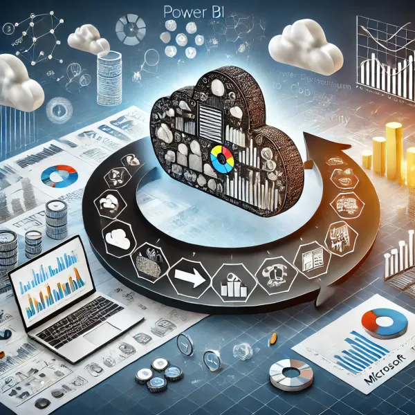 Migrating to Microsoft Fabric Capacity from Power BI Premium Migratie van Power BI Premium naar Microsoft Fabric Capacity met cloud en data-analyse visualisatie.