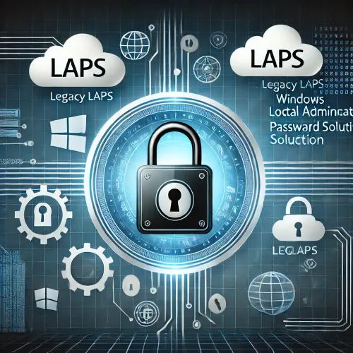 Illustratie van Windows LAPS versus Legacy LAPS, met digitale beveiliging, wachtwoordbescherming en cloud-integratie.
