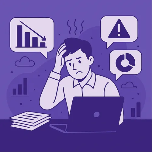 Gestreste werknemer aan bureau omringd door datafouten, in paarse stijl