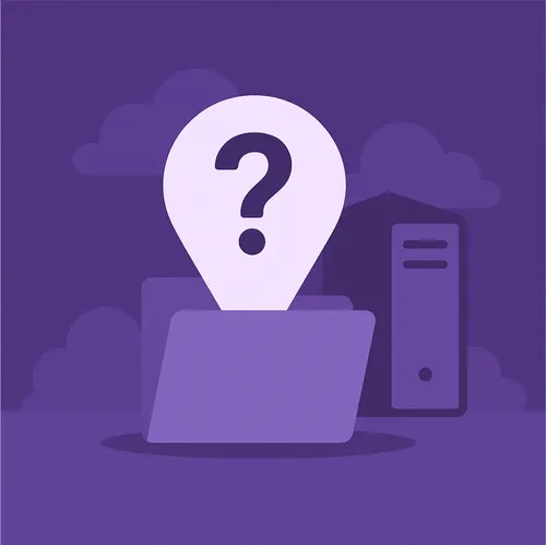 Locatiepin met vraagteken boven map en server, symbool voor onduidelijkheid over bedrijfsdata-opslag