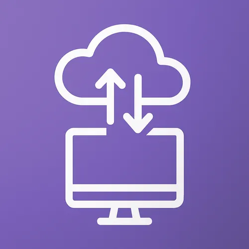 Illustratie van cloudmigratie tussen computer en cloud in paarstinten
